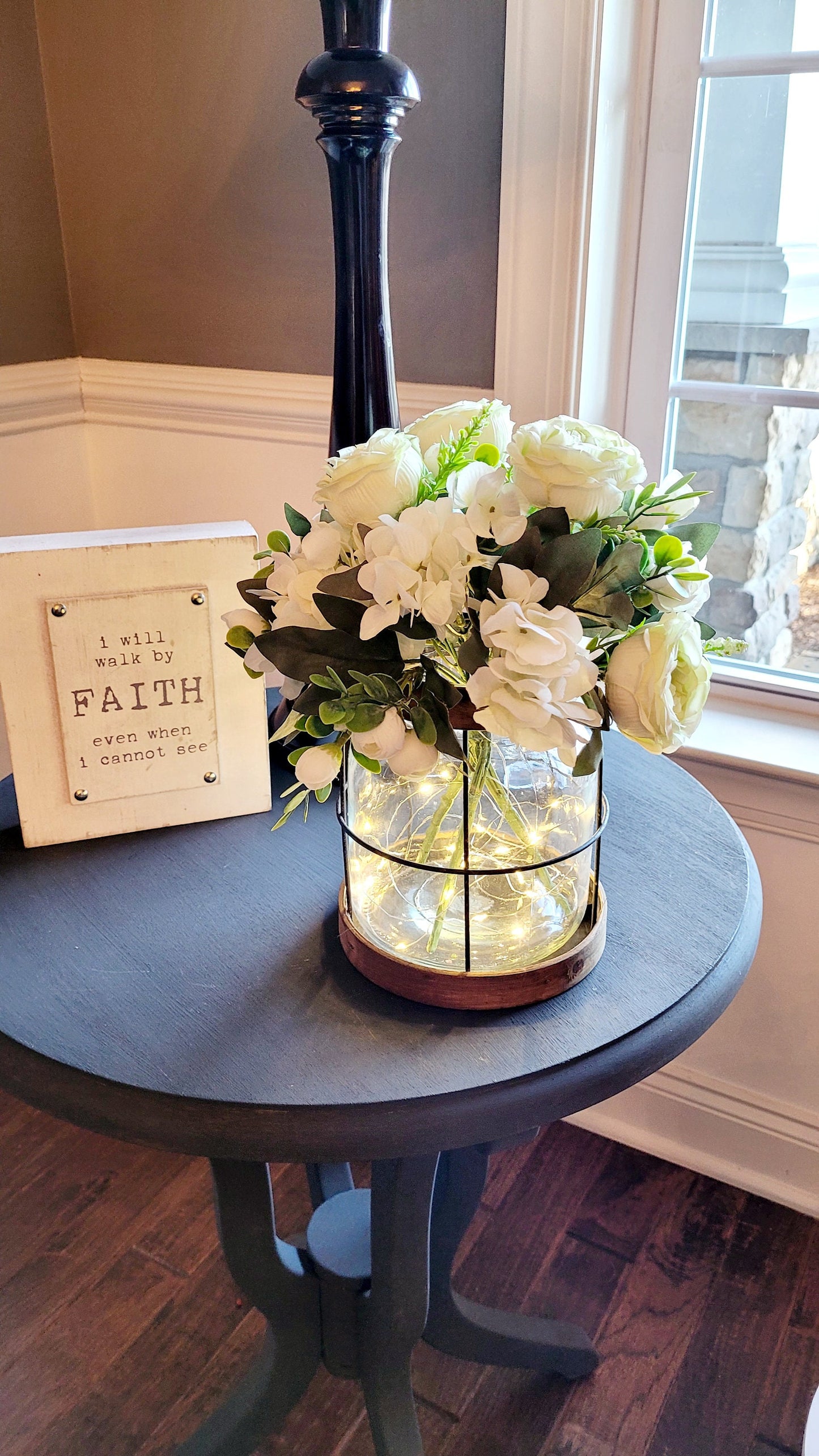 Farmhouse Lantern Decor Floral Arrangement Table Centerpiece Illuminated Display Artificial Peony Collection Mint Green Ivory Hydrangea Blooms Fairy Light Design Rustic Home Accent Year Round Decoration Dining Table Focal Point Living Room