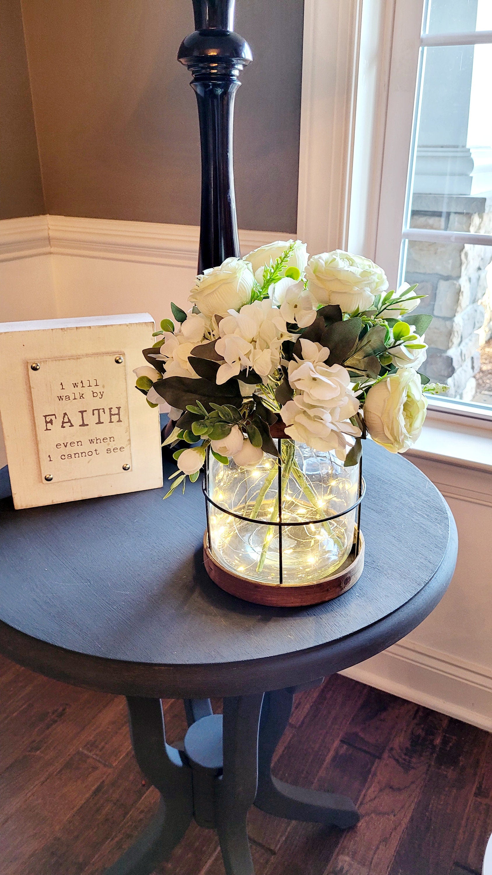 Farmhouse Lantern Decor Floral Arrangement Table Centerpiece Illuminated Display Artificial Peony Collection Mint Green Ivory Hydrangea Blooms Fairy Light Design Rustic Home Accent Year Round Decoration Dining Table Focal Point Living Room