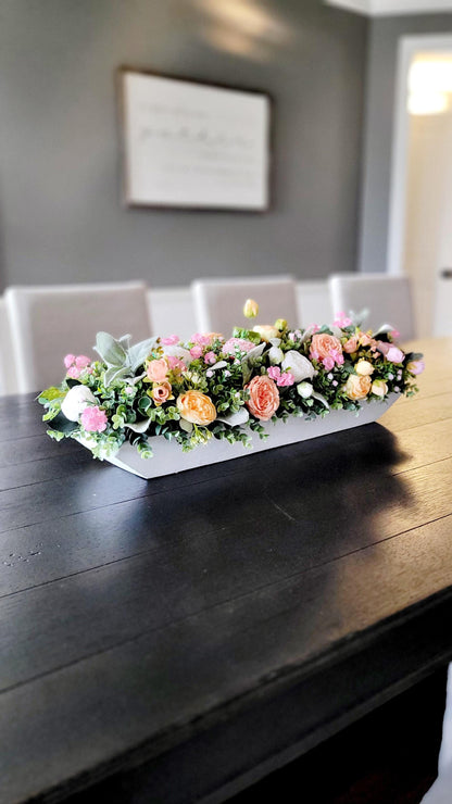 Peach Flower Centerpiece – Silk Arrangement in Rustic Dough Bowl