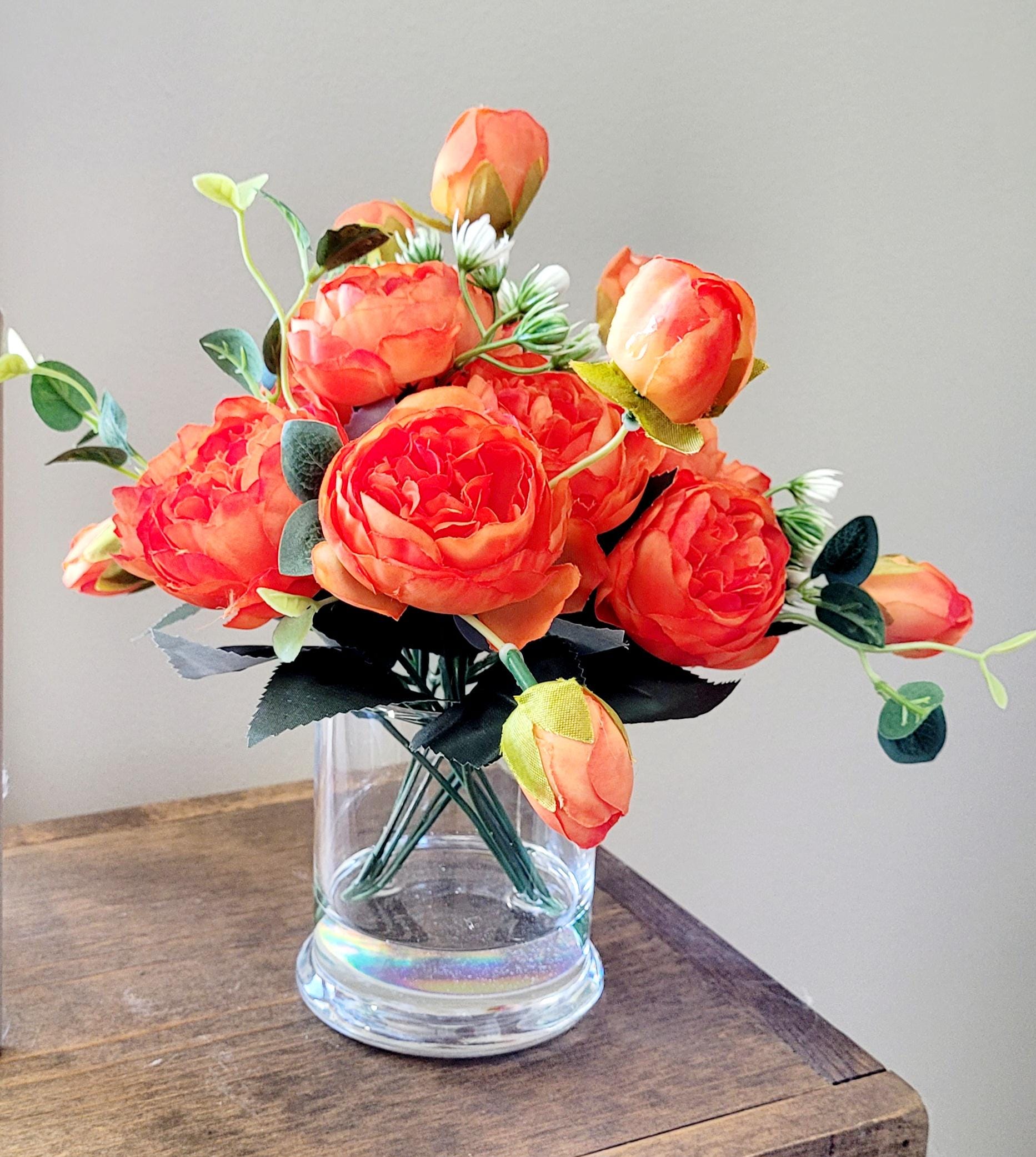 Contemporary Glass Vase Arrangement Modern Peony Display Silk Faux Flower Collection Elegant Home Styling Beautiful Botanical Design Bedroom Nightstand Perfect Living Room Accent Permanent Floral Beauty Low Maintenance Gift Mothers Day