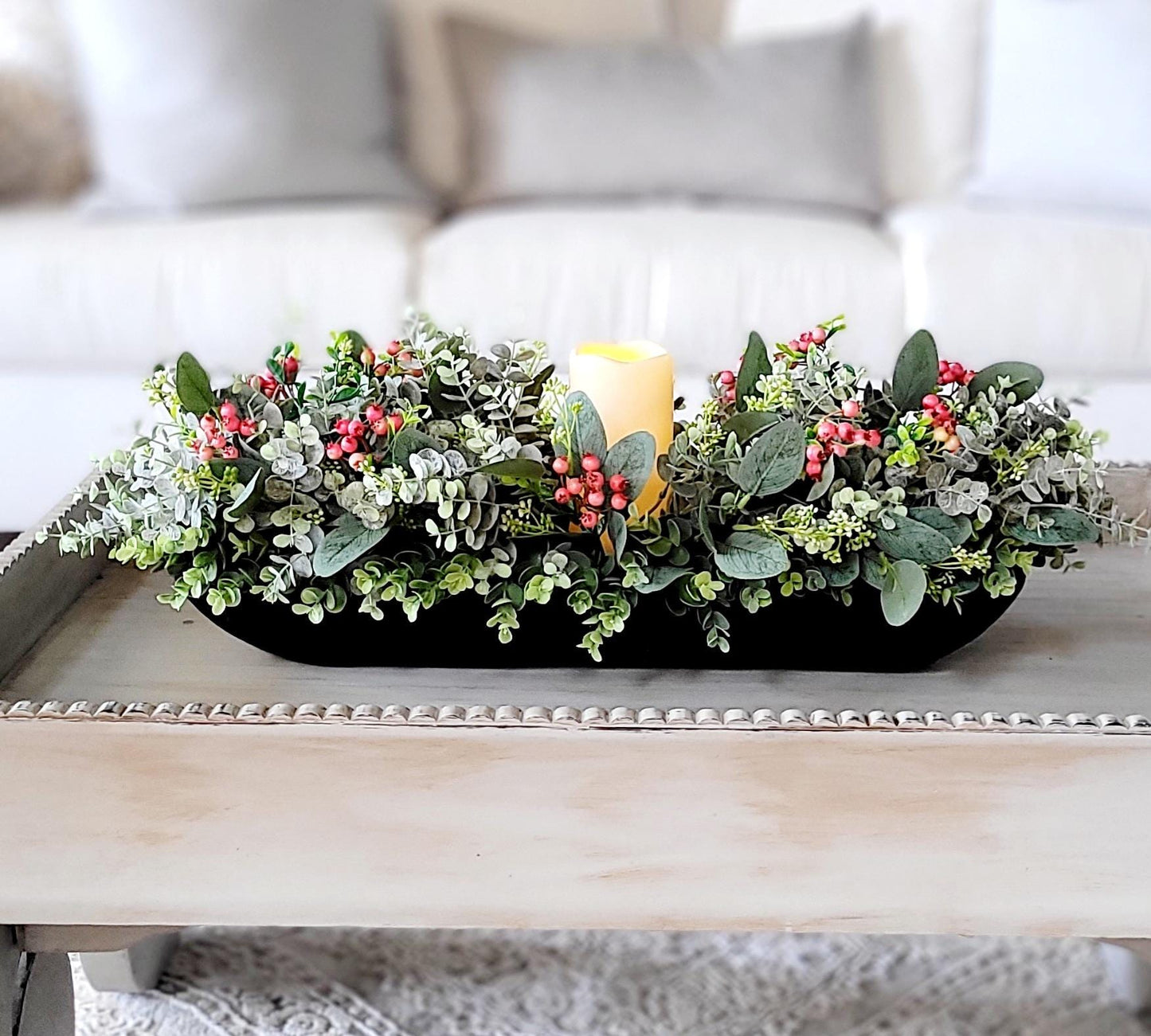 Dough Bowl Centerpiece  Greenery Arrangement Farmhouse Arrangement Candle Centerpiece Country Decor Holiday Arrangement Decor Berry decor