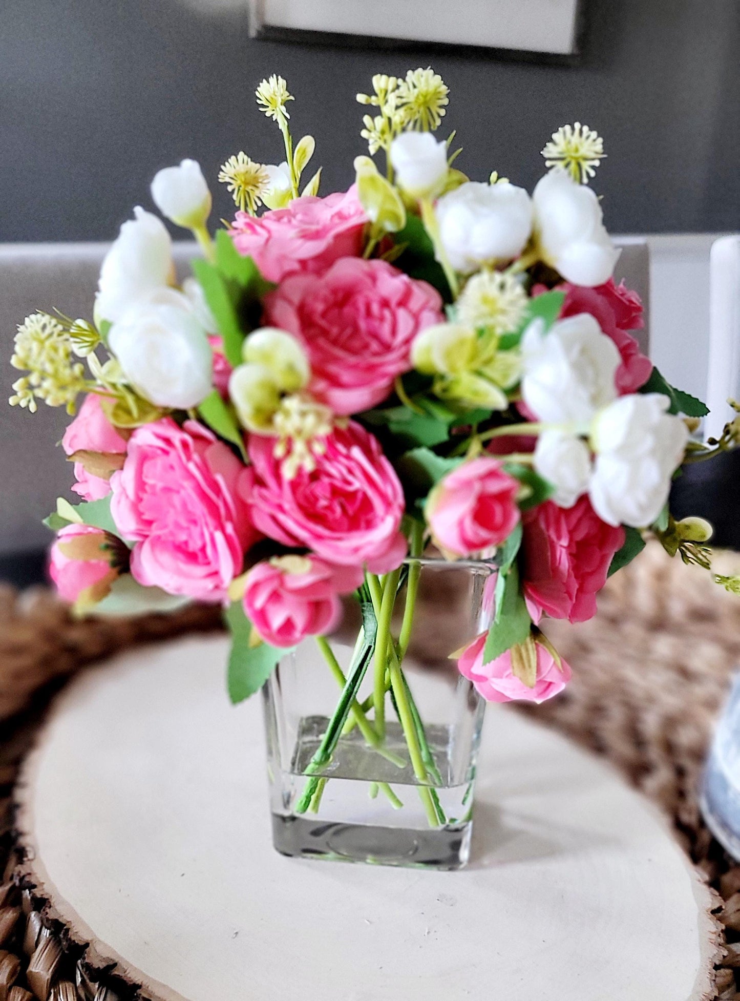 French Country Rose Arrangement Pink Floral Display Glass Bowl Container Romantic Home Accent Hot Pink Roses Elegant Styling Beautiful Centerpiece Perfect Gift Collection Vibrant Flower Design Feminine Touch Anniversary Present Birthday