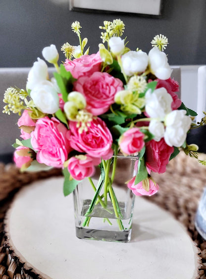 French Country Rose Arrangement Pink Floral Display Glass Bowl Container Romantic Home Accent Hot Pink Roses Elegant Styling Beautiful Centerpiece Perfect Gift Collection Vibrant Flower Design Feminine Touch Anniversary Present Birthday
