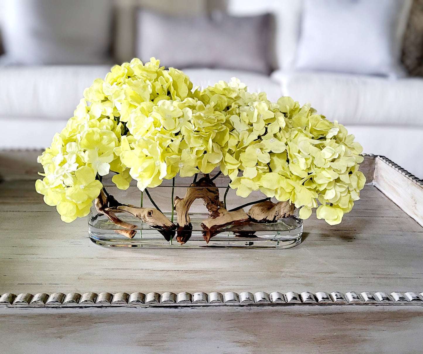 Dining Table Centerpiece – Artificial Hydrangea Arrangement in French Country Glass Vase