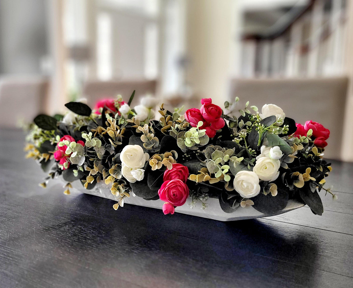 Dough Bowl Dining Table Arrangement Rose arrangement kitchen table decor Farmhouse Arrangement greenery arrangement Pink Floral Arrangement