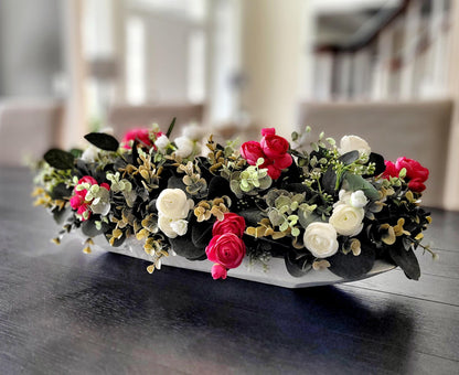 Dough Bowl Dining Table Arrangement Rose arrangement kitchen table decor Farmhouse Arrangement greenery arrangement Pink Floral Arrangement