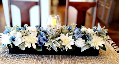 Farmhouse style long 25” Spring table arrangement in wood planter box candle centerpiece in wood box mantle centerpiece wood planter box
