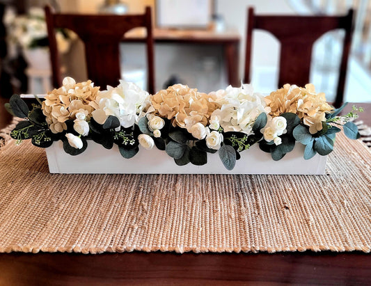 Artificial Flower Centerpiece Silk Hydrangea Rose Arrangement Wooden Box Display Wedding Table Decoration Elegant Floral Design Reception Centerpieces Realistic Faux Flowers Eucalyptus Greenery Handcrafted Wood Container Special Event Decor