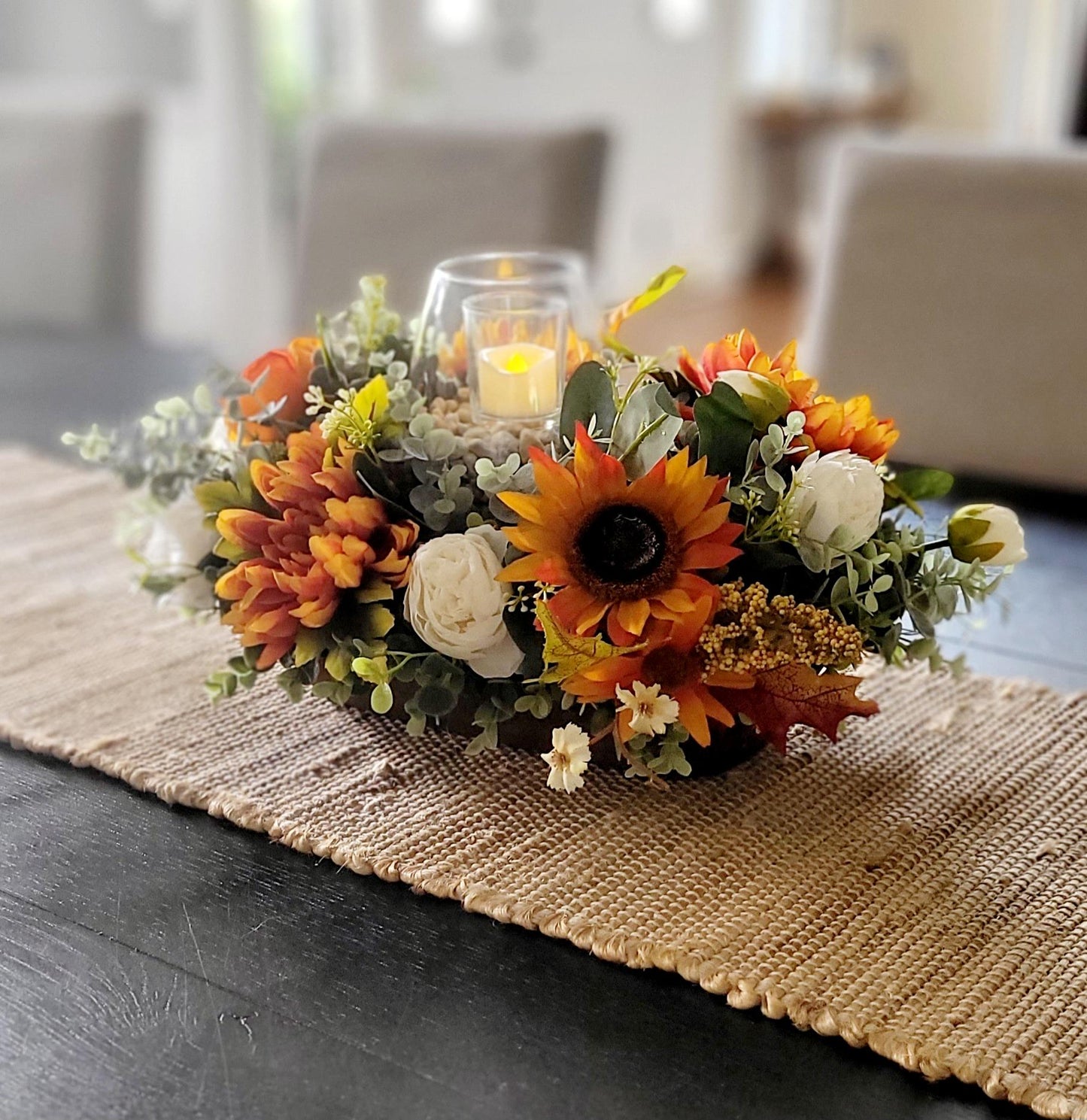 Fall table arrangement fall arrangement dough bowl fall kitchen decor farmhouse arrangement fall candle fall pumpkin sunflower arrangement