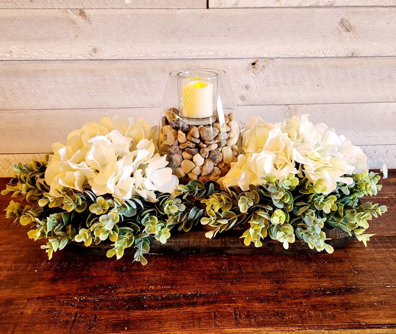 Farmhouse Table Centerpiece – Black Dough Bowl with Hydrangea and Candle Arrangement