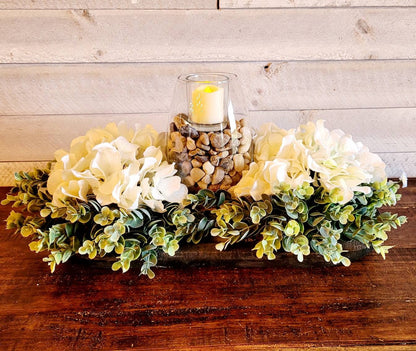 Farmhouse Table Centerpiece – Black Dough Bowl with Hydrangea and Candle Arrangement