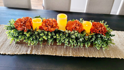 Fall Table Decoration Fall Centerpiece Fall Faux Flower Arrangement Farmhouse Mantle Fall Decor Burgundy Hydrangea Long Wood Box Autumn Deco