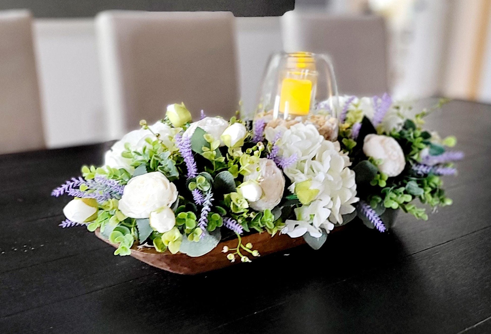 Elegant Wedding Centerpiece Lavender Glass Vase Romantic Floral Arrangement Reception Table Decoration Artificial Flower Display Wedding Season Decor Silk Peony Design Beautiful Hydrangea Accents Driftwood Elements Special Occasion Setup