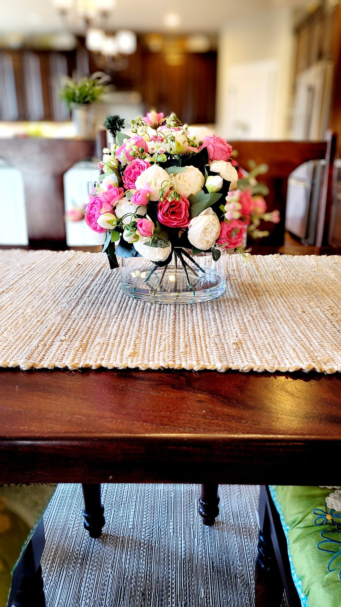 Artificial Peony Arrangement – Pink Glass Vase Centerpiece with Realistic Water Effect