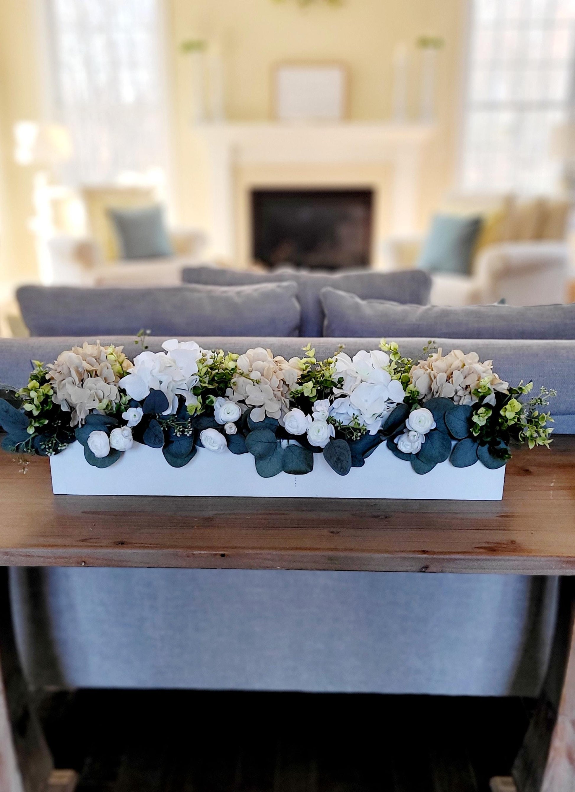 Rustic Wooden Box Floral Centerpiece Silk Hydrangea Arrangement Farmhouse Table Decoration Faux Flower Display Realistic Artificial Blooms Custom Color Container Country Style Accent Dining Table Decor Elegant Home Design Beautiful Lifelike