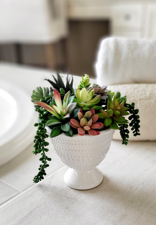 Artificial Succulent Bowl Arrangement Faux Plant Collection Ceramic Planter Display Perfect Home Office Gift Set Realistic Looking Fake Succulents Maintenance Free Plant Alternative Ready To Display Design Housewarming Present Idea Client