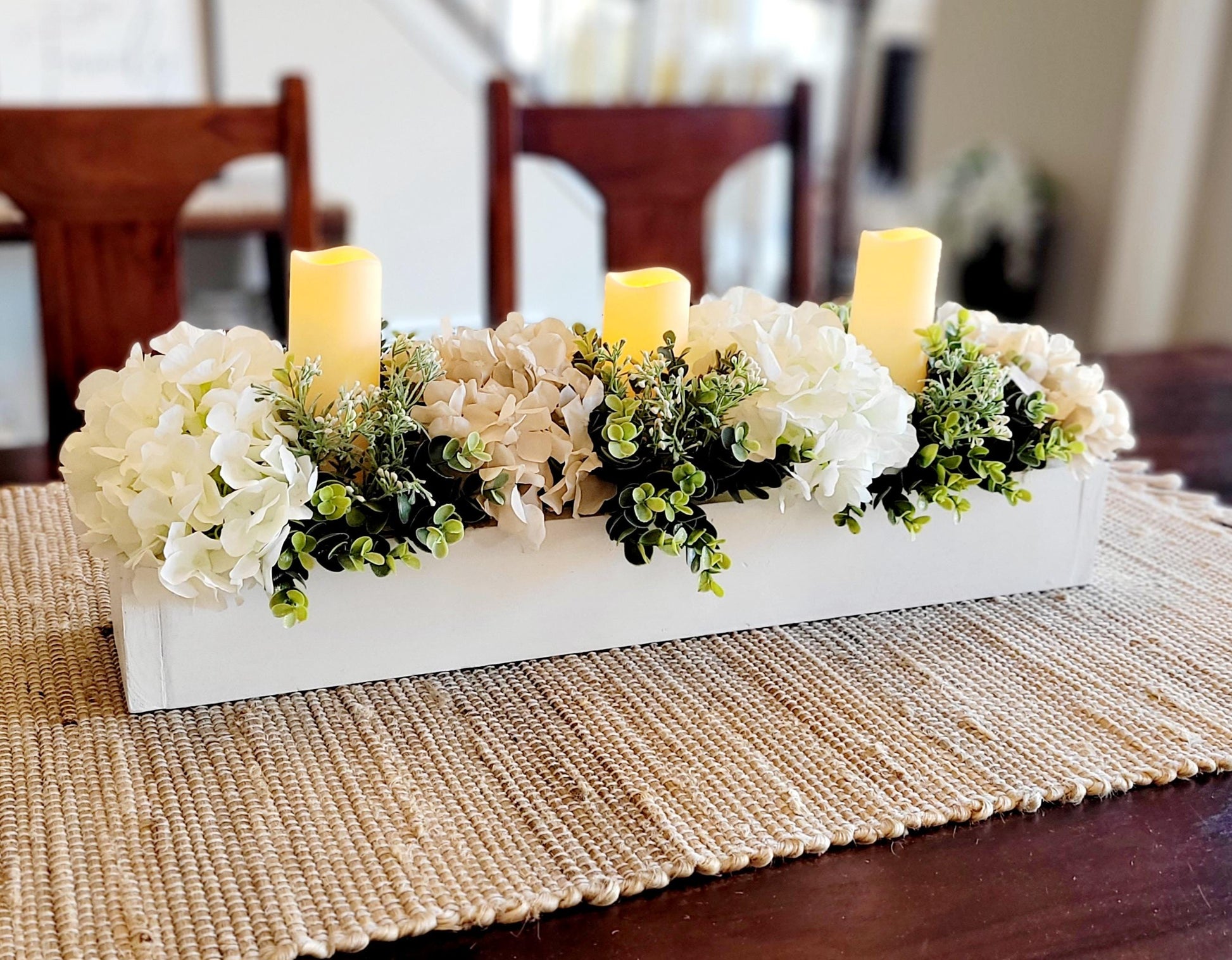 Dining Table Centerpiece Neutral Floral Arrangement Faux Hydrangea Flowers Artificial Greenery Battery Candles Glass Vase Elegant Home Decor Modern Minimalist Design Perfect Dining Room Decoration Everyday Table Setting Special Occasion