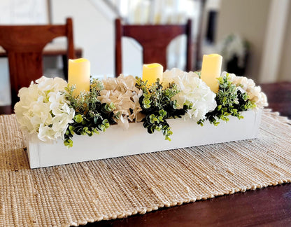 Dining Table Centerpiece Neutral Floral Arrangement Faux Hydrangea Flowers Artificial Greenery Battery Candles Glass Vase Elegant Home Decor Modern Minimalist Design Perfect Dining Room Decoration Everyday Table Setting Special Occasion