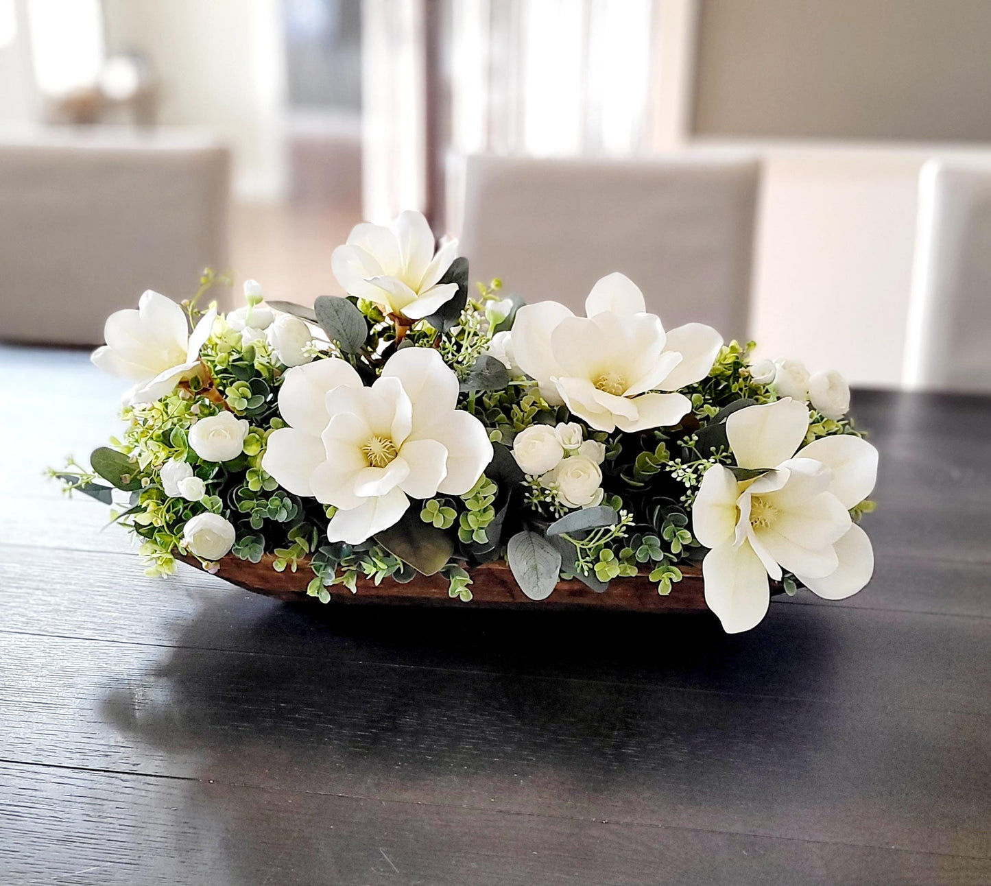 Dough Bowl Centerpiece – Silk Magnolia Arrangement for Elegant Dining Table Decor