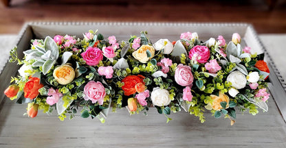 Faux Peony Centerpiece – Spring Floral Arrangement in Wooden Dough Bowl