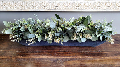 Dough Bowl Centerpiece – Rustic Farmhouse Table Arrangement with Faux Greenery and Candle