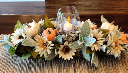 Fall Dough Bowl Arrangement Fall Flowers Candle Centerpiece Fall Arrangement Hand Carved Dough Bowl Sunflower Table Arrangement Fall Floral