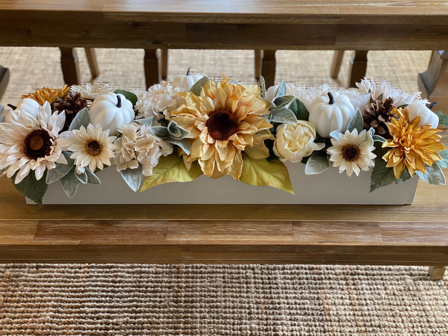 Fall arrangement hydrangea wood planter box Fall Sunflower centerpiece wood box mantle centerpiece planter box