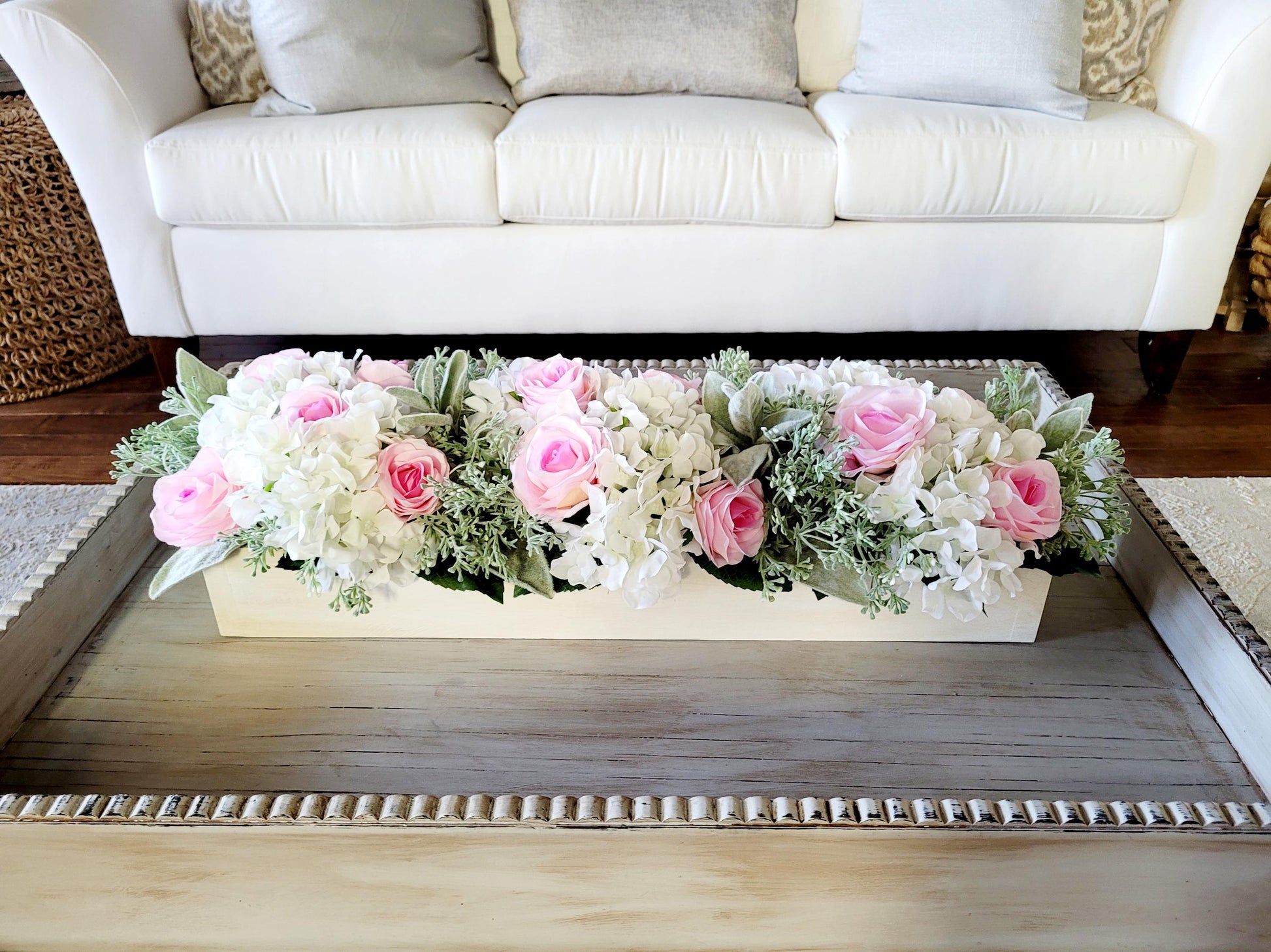 Spring Floral Centerpiece Pink Hydrangea Rose Arrangement Wooden Box Container Dining Table Decoration Beautiful Home Accent Realistic Artificial Flowers Elegant Design Collection Perfect Table Setting Stylish Interior Element Year Round