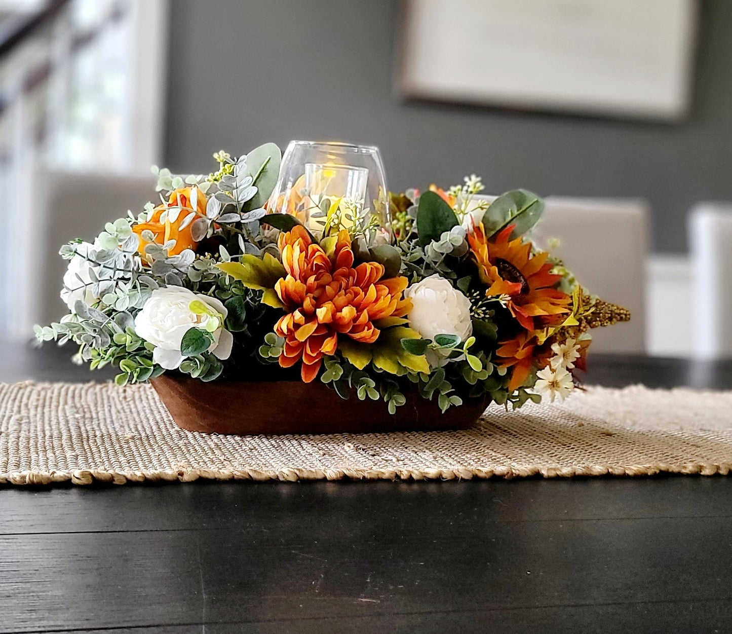 Fall table arrangement fall arrangement dough bowl fall kitchen decor farmhouse arrangement fall candle fall pumpkin sunflower arrangement
