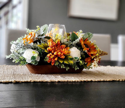 Fall table arrangement fall arrangement dough bowl fall kitchen decor farmhouse arrangement fall candle fall pumpkin sunflower arrangement