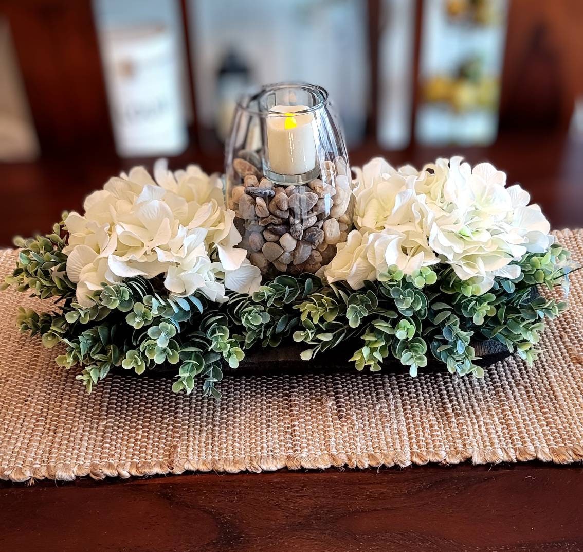 Farmhouse Table Centerpiece – Black Dough Bowl with Hydrangea and Candle Arrangement