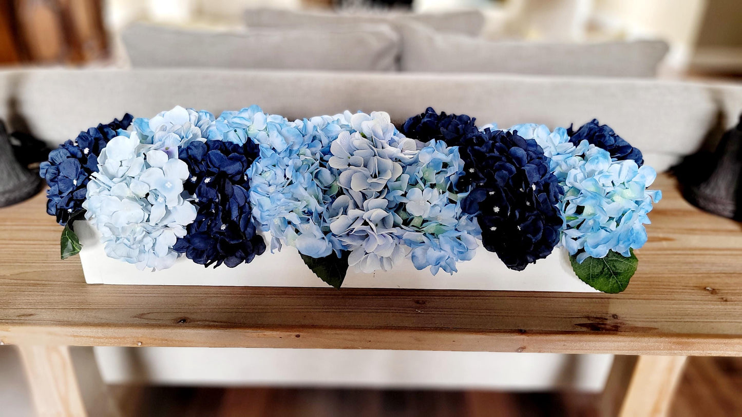 Navy Blue Flower Blue Hydrangea Arrangement French country Decor wood box Arrangement Blue Flower Centerpiece Blue white Floral Arrangement