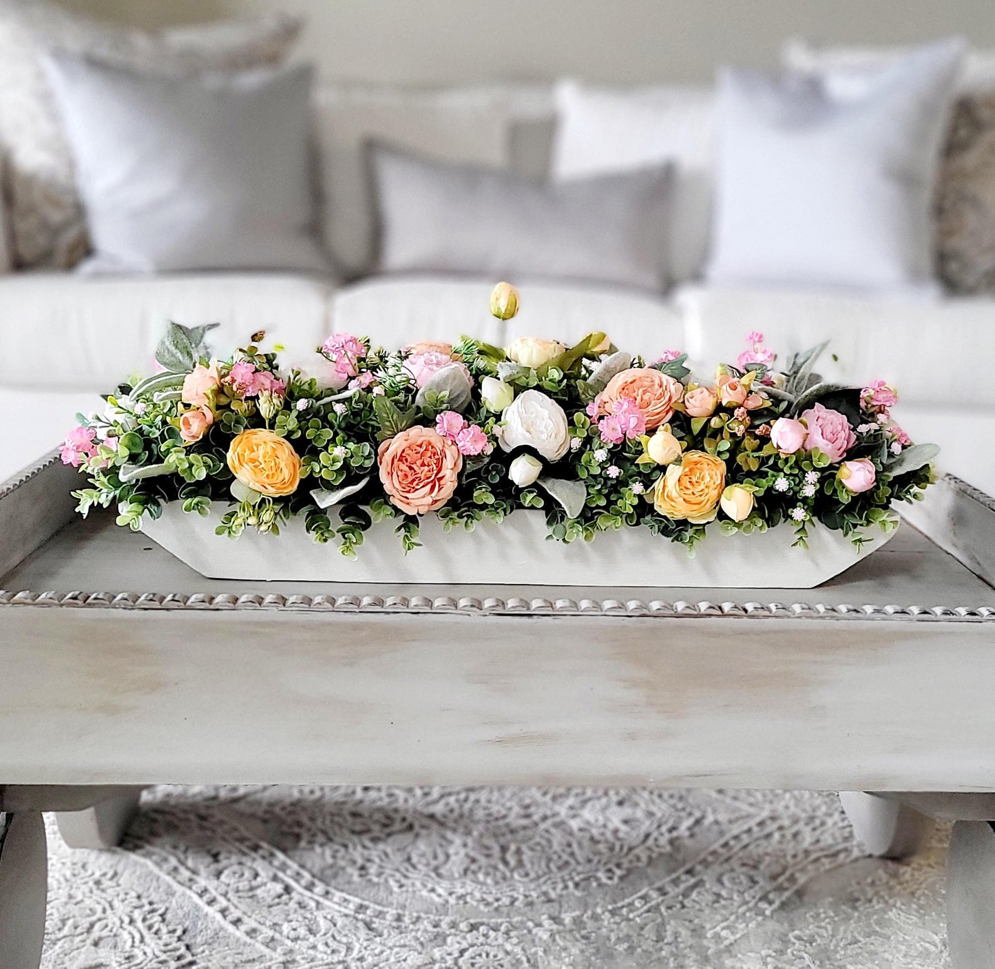 Peach Flower Centerpiece – Silk Arrangement in Rustic Dough Bowl