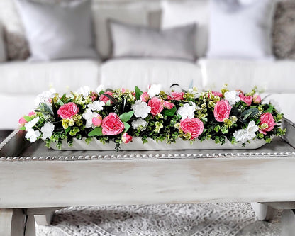 Artificial Rose Centerpiece – Pink White Floral Arrangement in Dough Bowl
