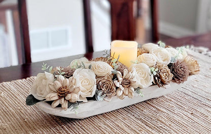 Wood Flowers Arrangement Sympathy Arrangement Wood Faux Wood Floral Bridal wood Flowers boho bouquet dough bowl arrangement dining table