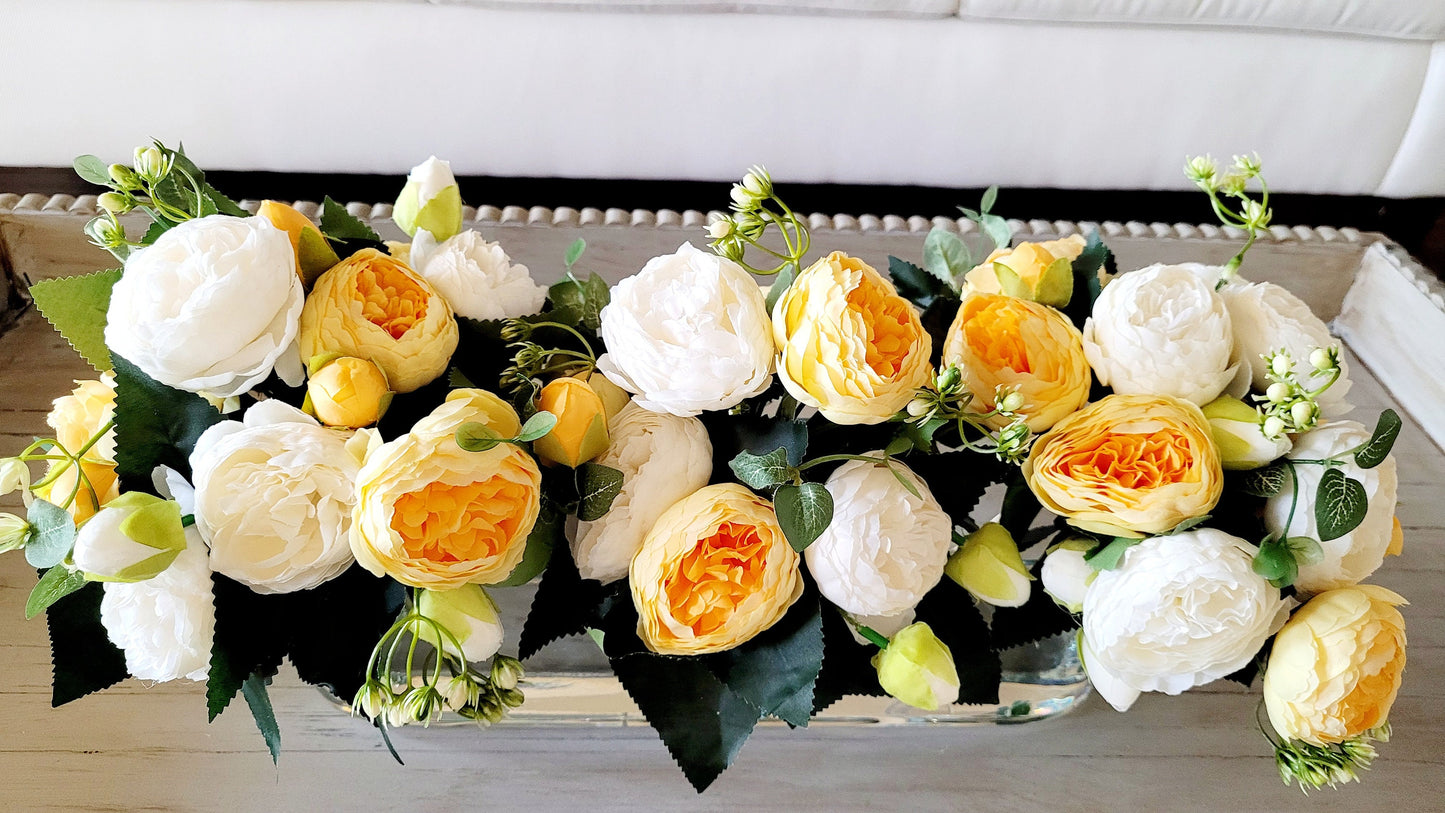 Modern glass vase floral arrangement dining table peony arrangement yellow flower arrangement long glass elegant arrangement gift for her