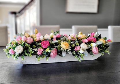 Dough Bowl Centerpiece – Silk Peony Floral Arrangement for Farmhouse Mantle Decor