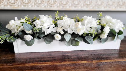 Farmhouse Table Centerpiece – White Hydrangea Arrangement in Wooden Box
