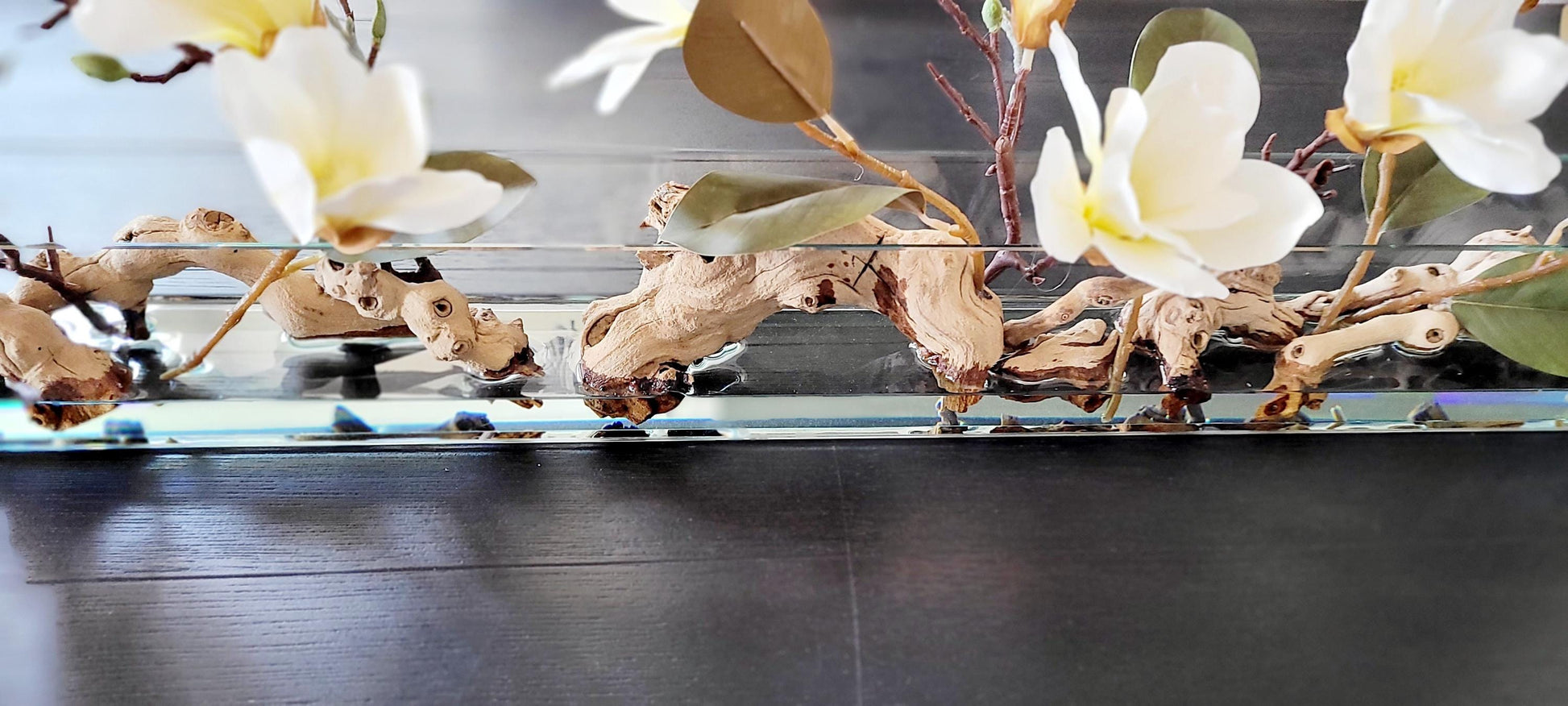 Realistic Faux Arrangement Glass Vase Centerpiece Silk Magnolia Blooms Elegant Table Decor Mantle Display Piece Artificial Floral Design Quality Home Accent Classic Style Elements Year Round Beauty Driftwood Accents Resin Water Effect