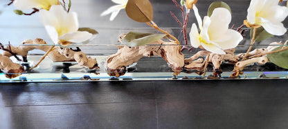 Realistic Faux Arrangement Glass Vase Centerpiece Silk Magnolia Blooms Elegant Table Decor Mantle Display Piece Artificial Floral Design Quality Home Accent Classic Style Elements Year Round Beauty Driftwood Accents Resin Water Effect