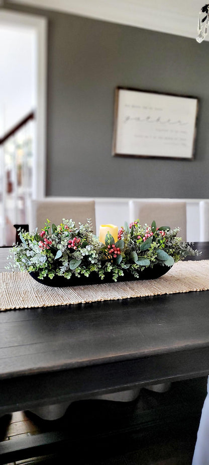 Dough Bowl Centerpiece  Greenery Arrangement Farmhouse Arrangement Candle Centerpiece Country Decor Holiday Arrangement Decor Berry decor