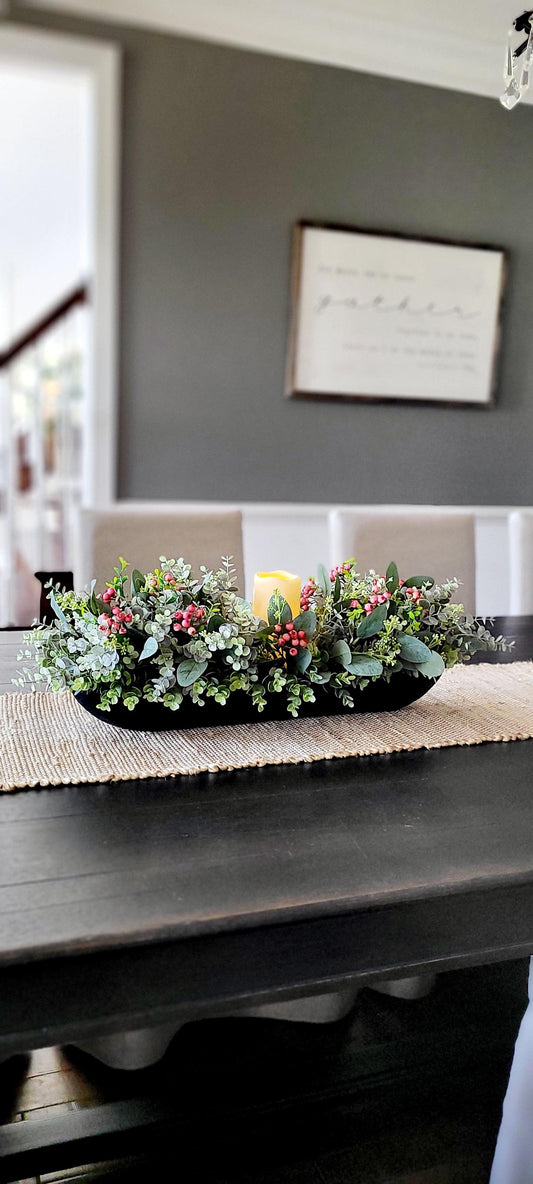 Dough Bowl Centerpiece  Greenery Arrangement Farmhouse Arrangement Candle Centerpiece Country Decor Holiday Arrangement Decor Berry decor