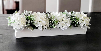 Farmhouse Table Centerpiece – Rustic Wooden Box with Silk Hydrangea Flowers