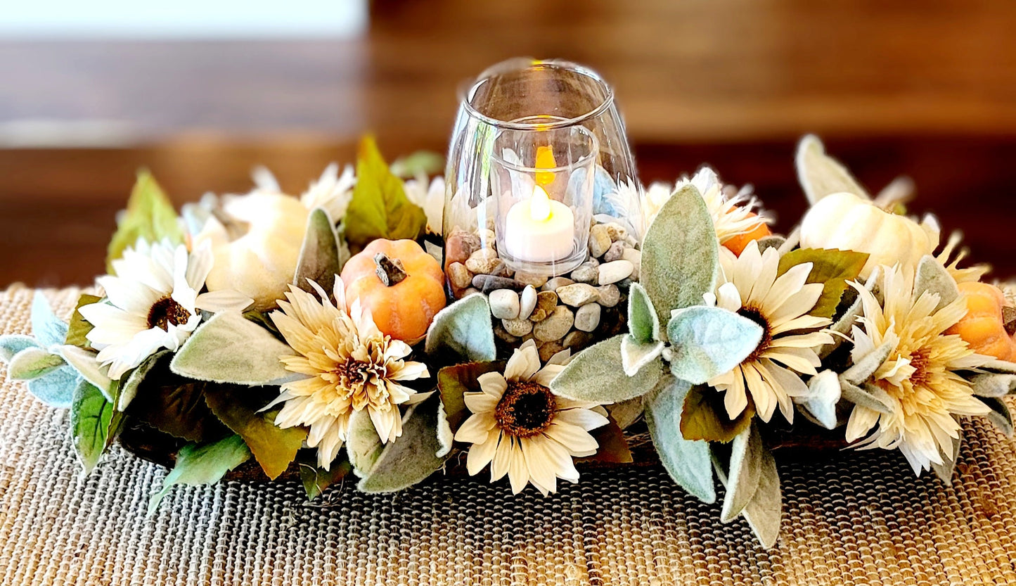Fall Dough Bowl Arrangement Fall Flowers Candle Centerpiece Fall Arrangement Hand Carved Dough Bowl Sunflower Table Arrangement Fall Floral