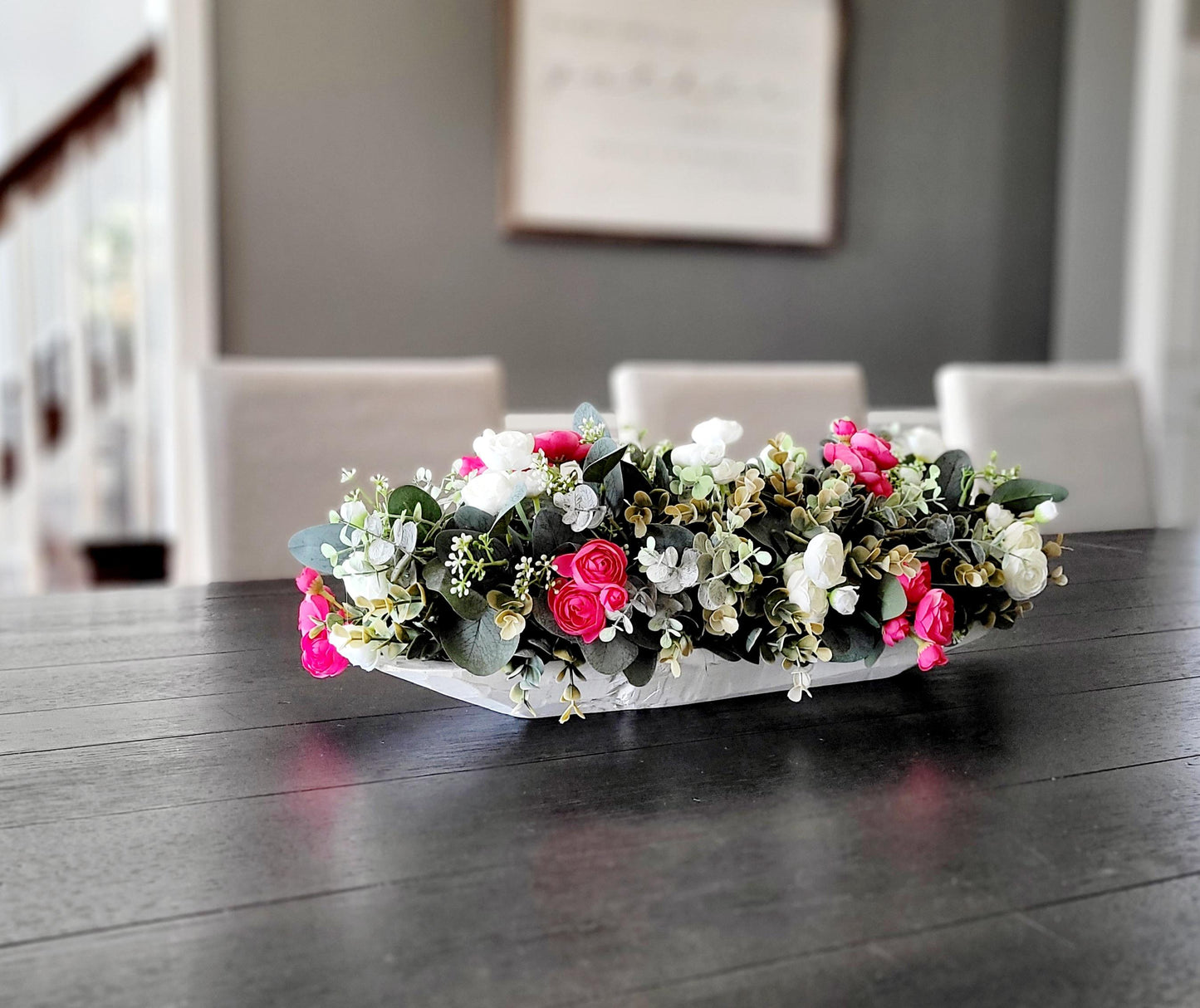 Dough Bowl Dining Table Arrangement Rose arrangement kitchen table decor Farmhouse Arrangement greenery arrangement Pink Floral Arrangement