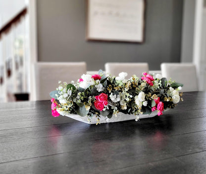 Dough Bowl Dining Table Arrangement Rose arrangement kitchen table decor Farmhouse Arrangement greenery arrangement Pink Floral Arrangement