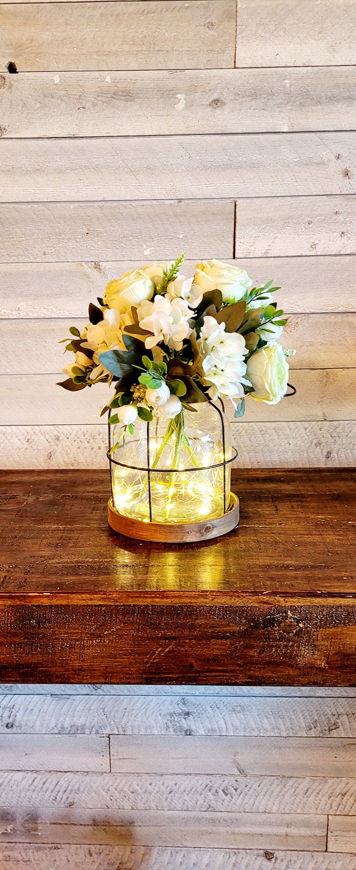 Rustic Farmhouse Lantern Floral Centerpiece Illuminated Table Decor Artificial Peony Arrangement Mint Green Ivory Roses Hydrangea Collection Fairy Light Display Year Round Decorative Accent Living Room Dining Area Bedroom Foyer Versatile