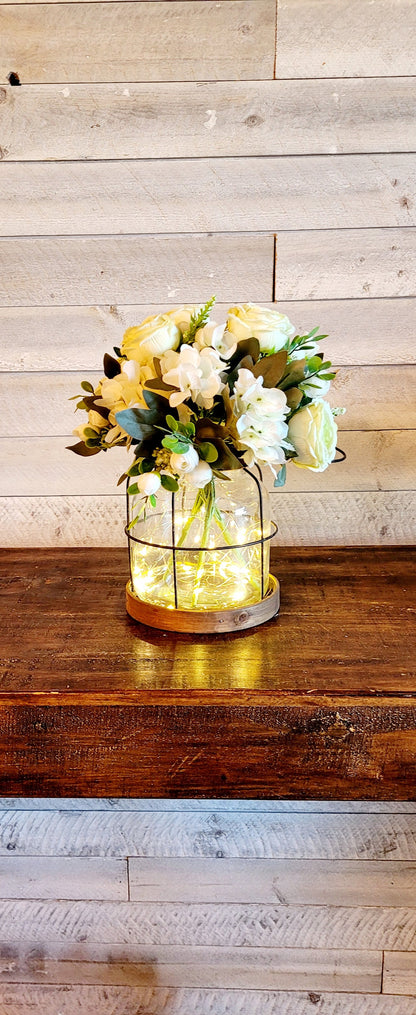 Rustic Farmhouse Lantern Floral Centerpiece Illuminated Table Decor Artificial Peony Arrangement Mint Green Ivory Roses Hydrangea Collection Fairy Light Display Year Round Decorative Accent Living Room Dining Area Bedroom Foyer Versatile