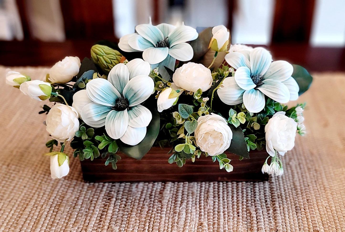 Silk Flower Arrangement Magnolia Peony Design Rustic Wood Container Elegant Table Centerpiece Artificial Floral Display Custom Built Box Stained Wood Finish Teal Color Accents Farmhouse Dining Decor Sophisticated Home Styling Perfect Gift