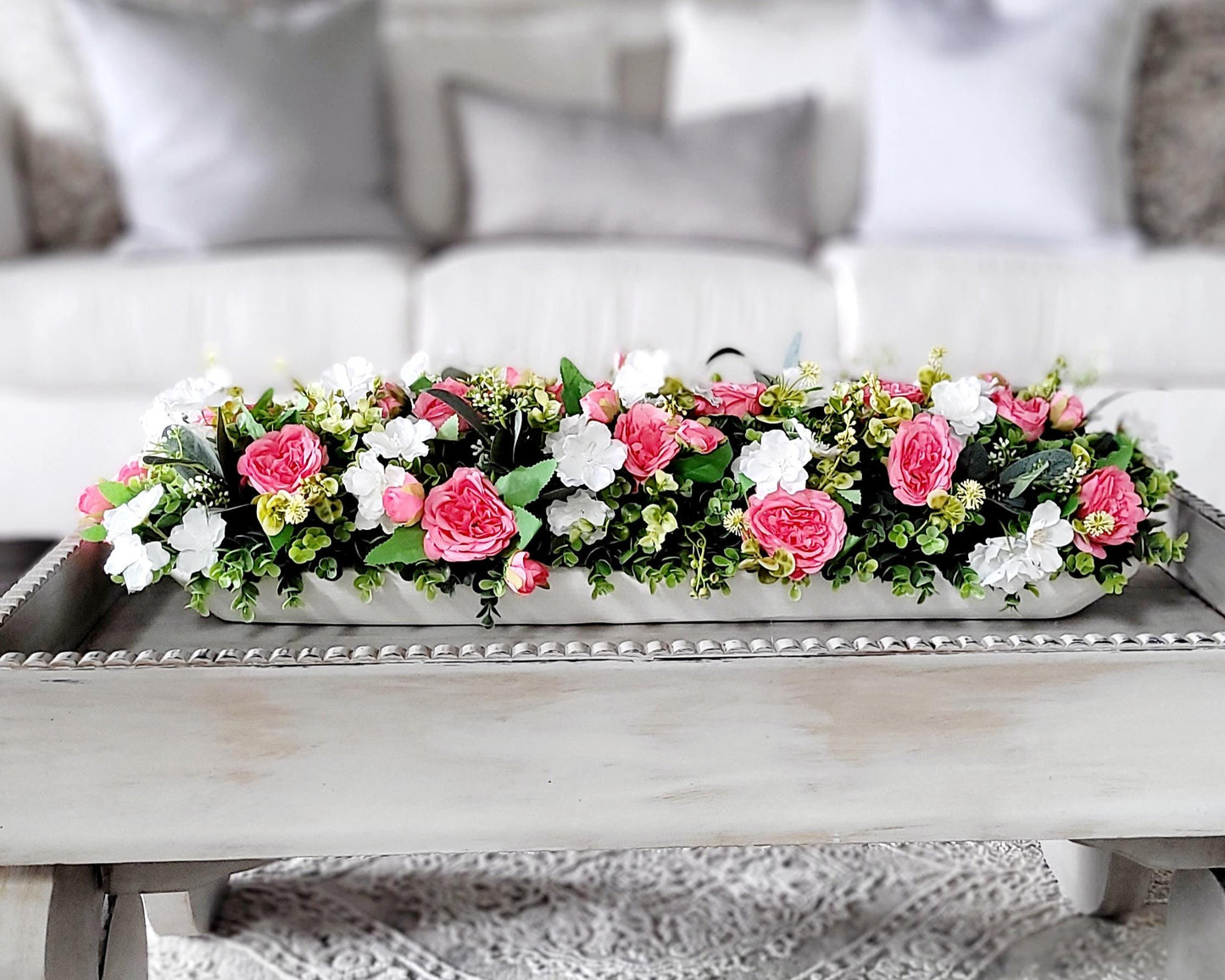 Artificial Rose Centerpiece – Pink White Floral Arrangement in Dough Bowl